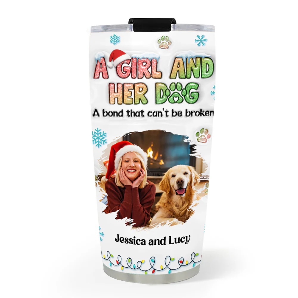 A Girl And Her Dog Christmas Photo - Personalized Custom 3D Inflated Effect Tumbler