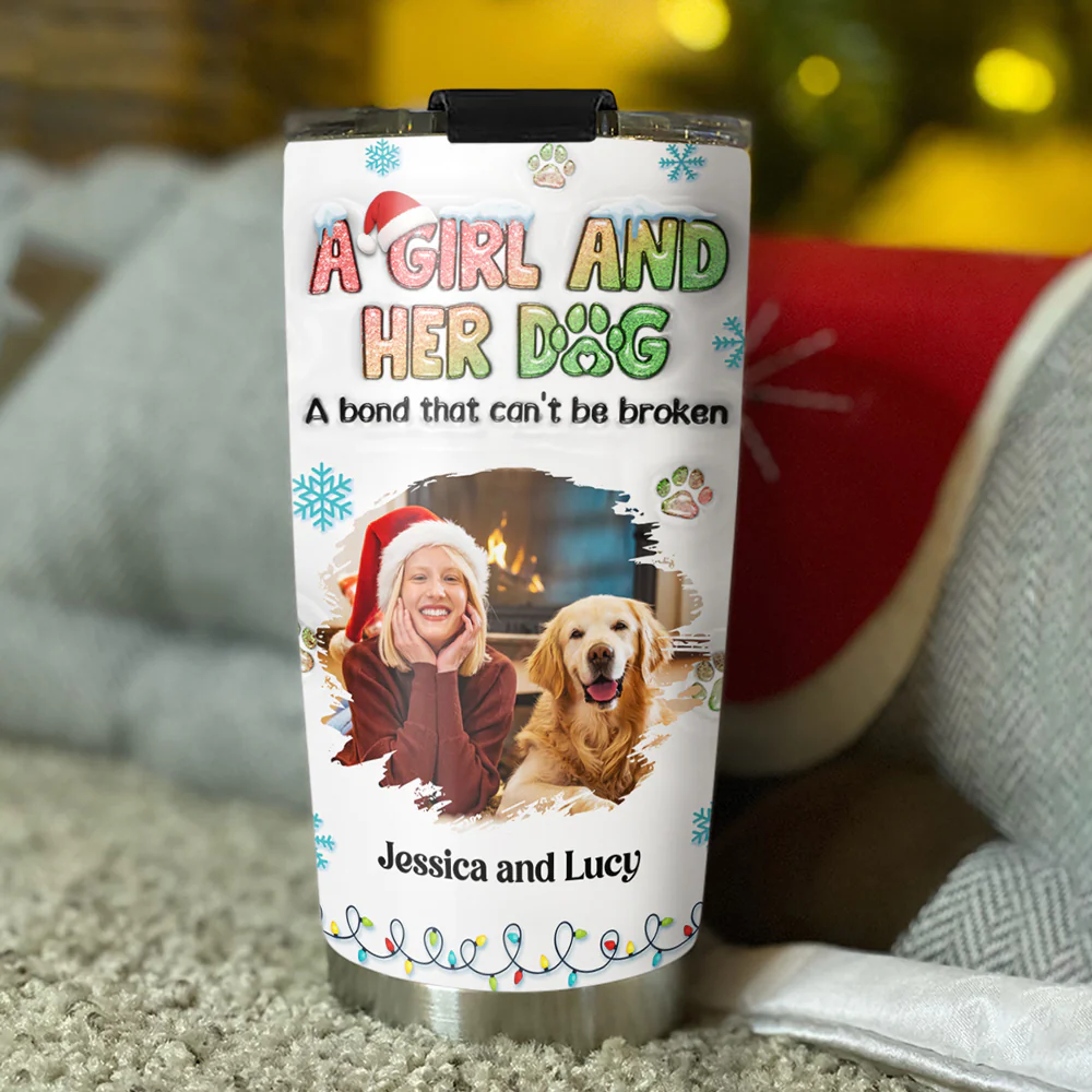 A Girl And Her Dog Christmas Photo - Personalized Custom 3D Inflated Effect Tumbler - Image 5