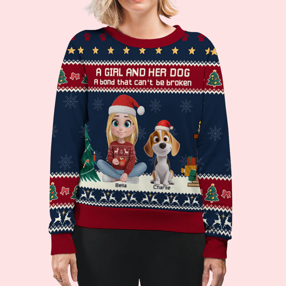 A Girl And Her Dog Christmas Ver Kid - Personalized Custom All-Over-Print Sweatshirt - Image 5