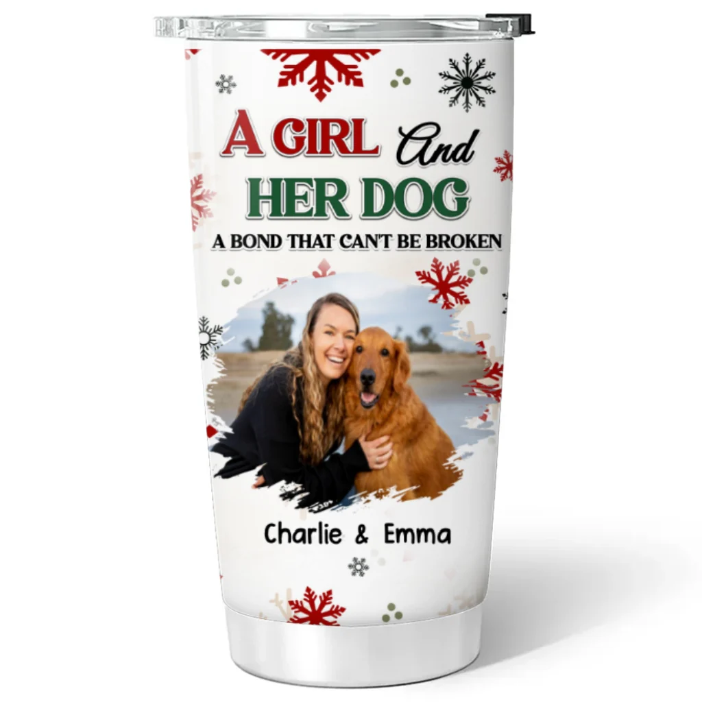 A Girl And Her Dog Love Christmas Photo - Personalized Custom Tumbler - Image 2