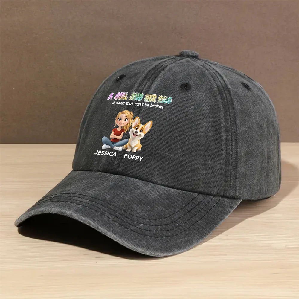 A Girl And Her Dog - Personalized Custom Vintage Washed Denim Cap - Image 4