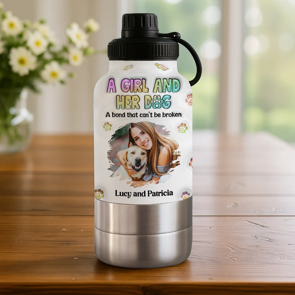 A Girl And Her Dog Photo - Personalized Custom 3D Inflated Effect 30oz Water Bottle With Pet Bowl - Image 2