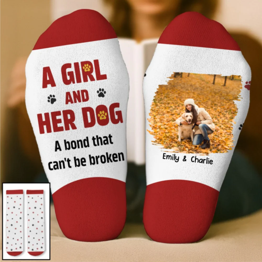 A Girl And Her Dog Photo - Personalized Custom Crew Socks - Image 6