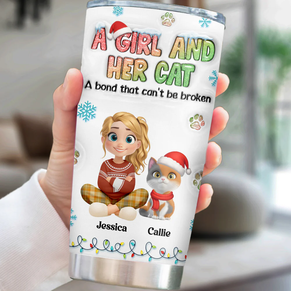 A Girl And Her Lovely Cat Christmas - Personalized Custom 3D Inflated Effect Tumbler - Image 5