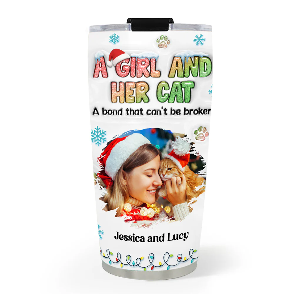 A Girl And Her Lovely Cat Christmas Photo - Personalized Custom 3D Inflated Effect Tumbler