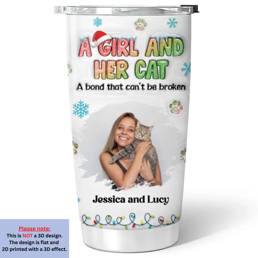A Girl And Her Lovely Cat Christmas Photo - Personalized Custom 3D Inflated Effect Tumbler - Image 3