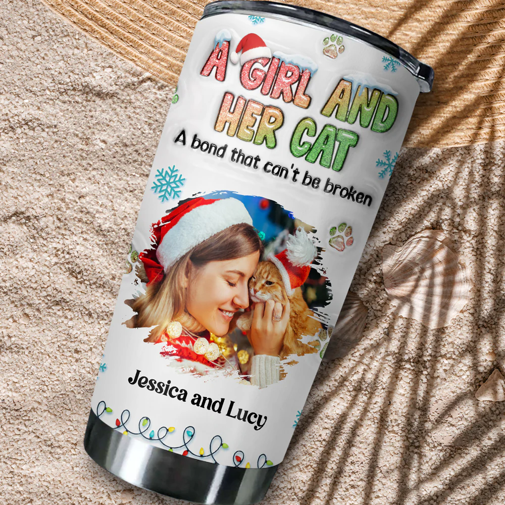 A Girl And Her Lovely Cat Christmas Photo - Personalized Custom 3D Inflated Effect Tumbler - Image 4