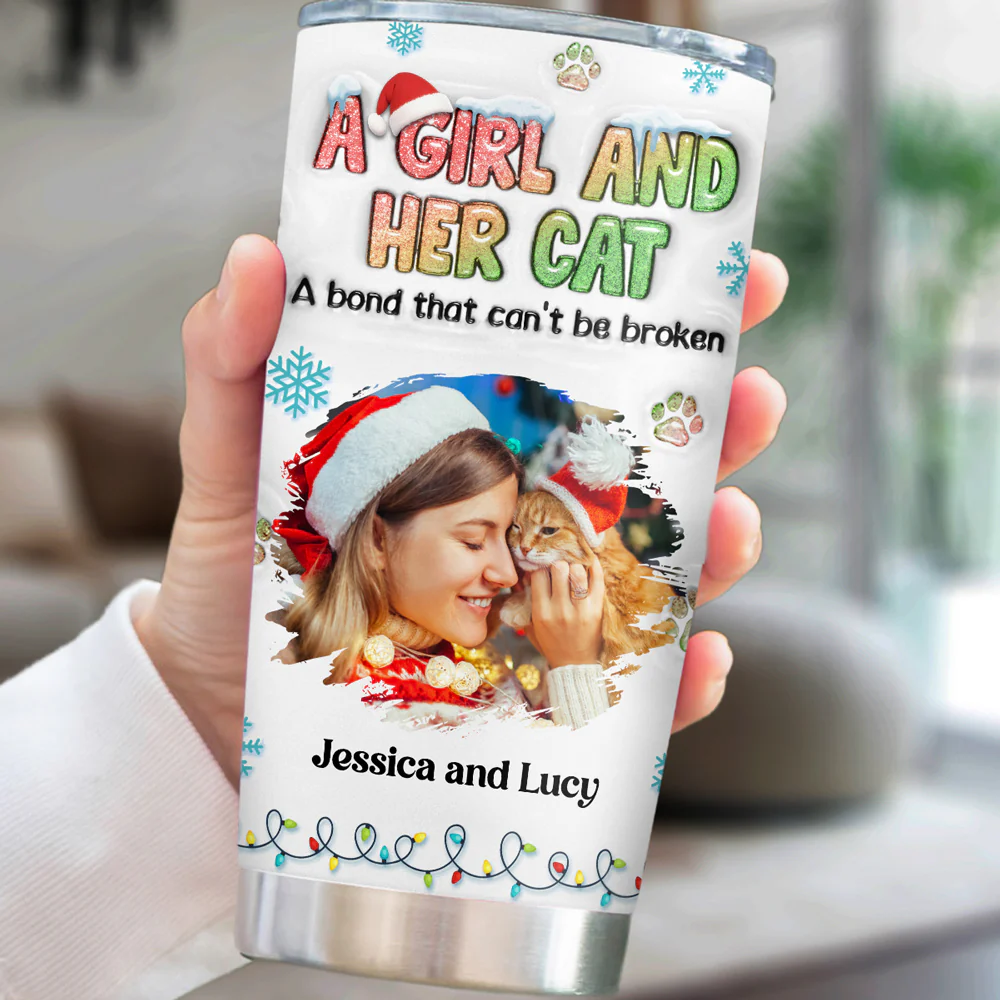A Girl And Her Lovely Cat Christmas Photo - Personalized Custom 3D Inflated Effect Tumbler - Image 5