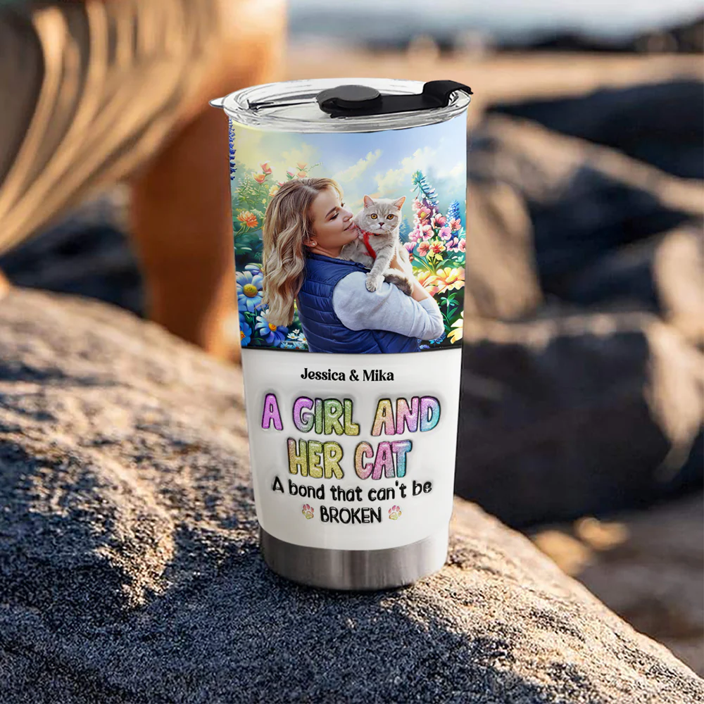 A Girl And Her Lovely Cat Photo - Personalized Custom 3D Inflated Effect Tumbler - Image 2