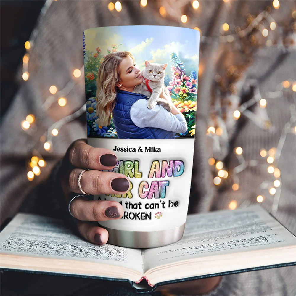 A Girl And Her Lovely Cat Photo - Personalized Custom 3D Inflated Effect Tumbler - Image 4