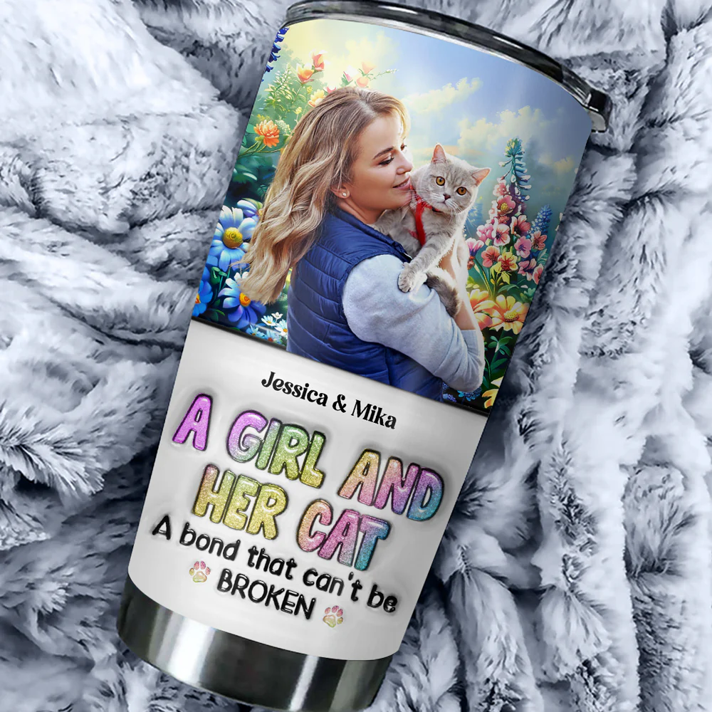 A Girl And Her Lovely Cat Photo - Personalized Custom 3D Inflated Effect Tumbler - Image 7