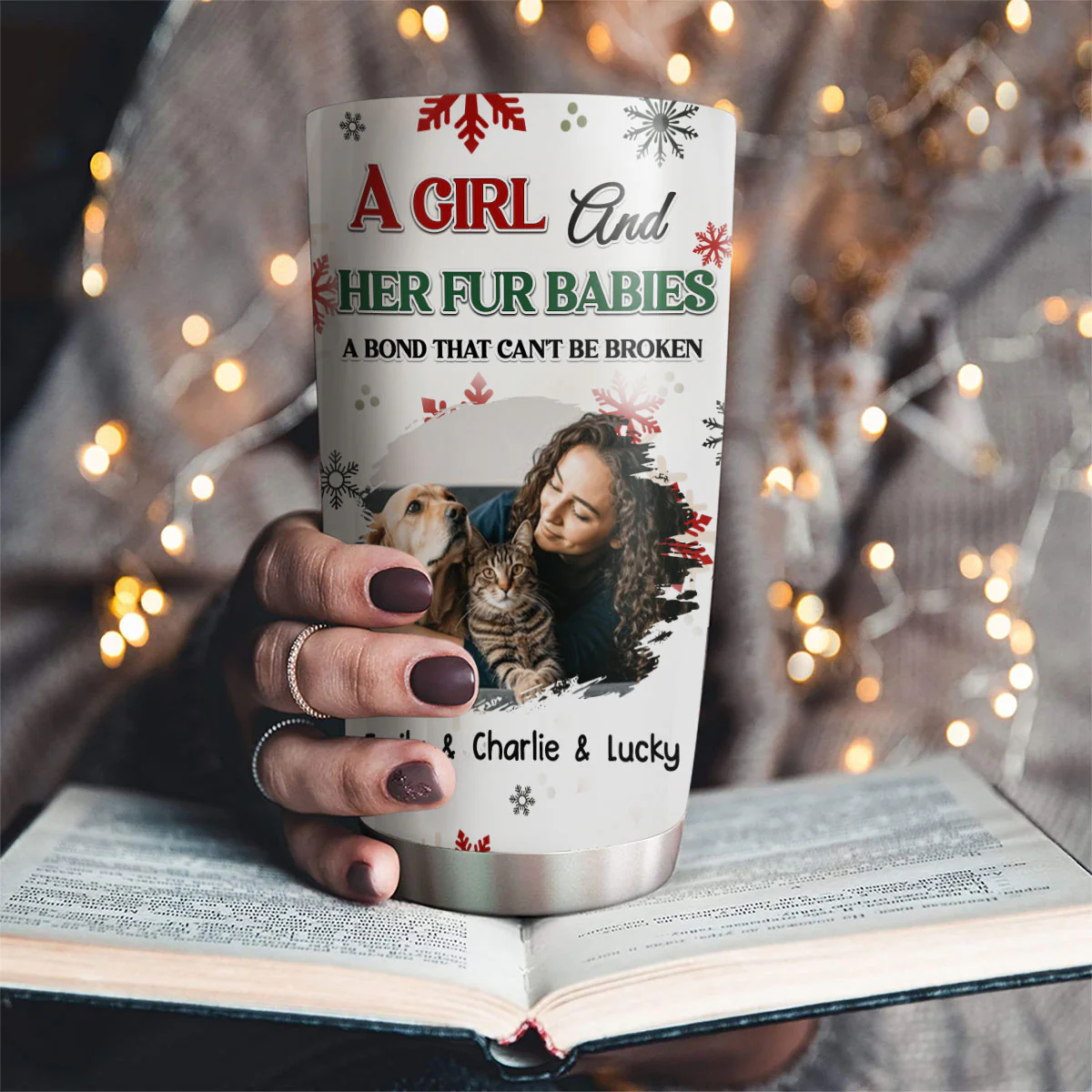 A Girl And Her Pet Love Christmas Photo - Personalized Custom Tumbler - Image 2