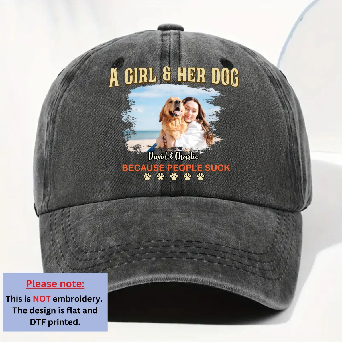 A Girl And Her Retro Dog Photo - Personalized Custom Vintage Washed Denim Cap - Image 3