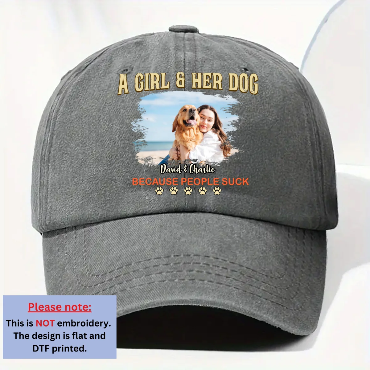 A Girl And Her Retro Dog Photo - Personalized Custom Vintage Washed Denim Cap - Image 4