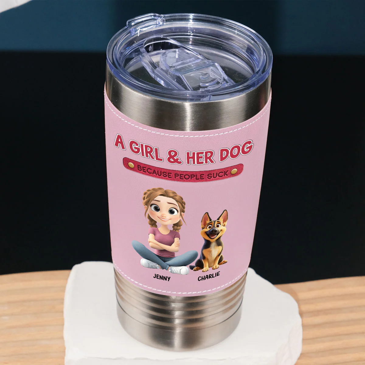 A Lady And Her Dog - Personalized Custom Pink Leather Tumbler - Image 2