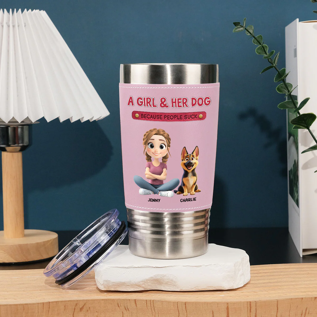 A Lady And Her Dog - Personalized Custom Pink Leather Tumbler - Image 3