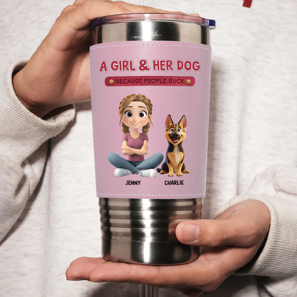 A Lady And Her Dog - Personalized Custom Pink Leather Tumbler - Image 4