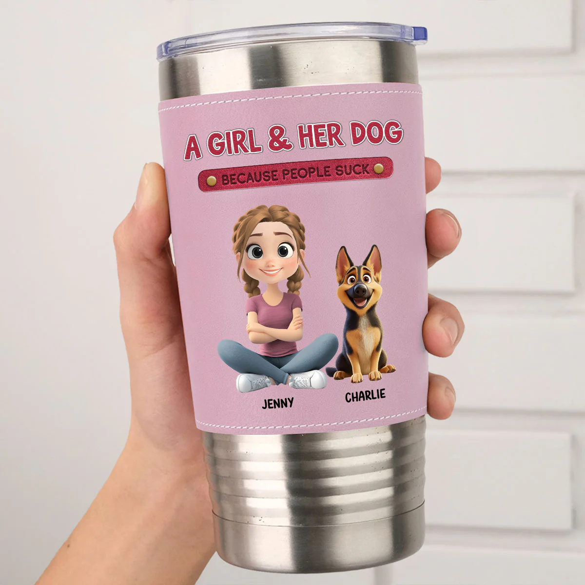 A Lady And Her Dog - Personalized Custom Pink Leather Tumbler - Image 5