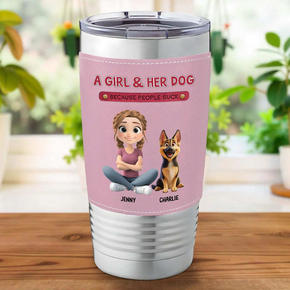 A Lady And Her Dog - Personalized Custom Pink Leather Tumbler - Image 6