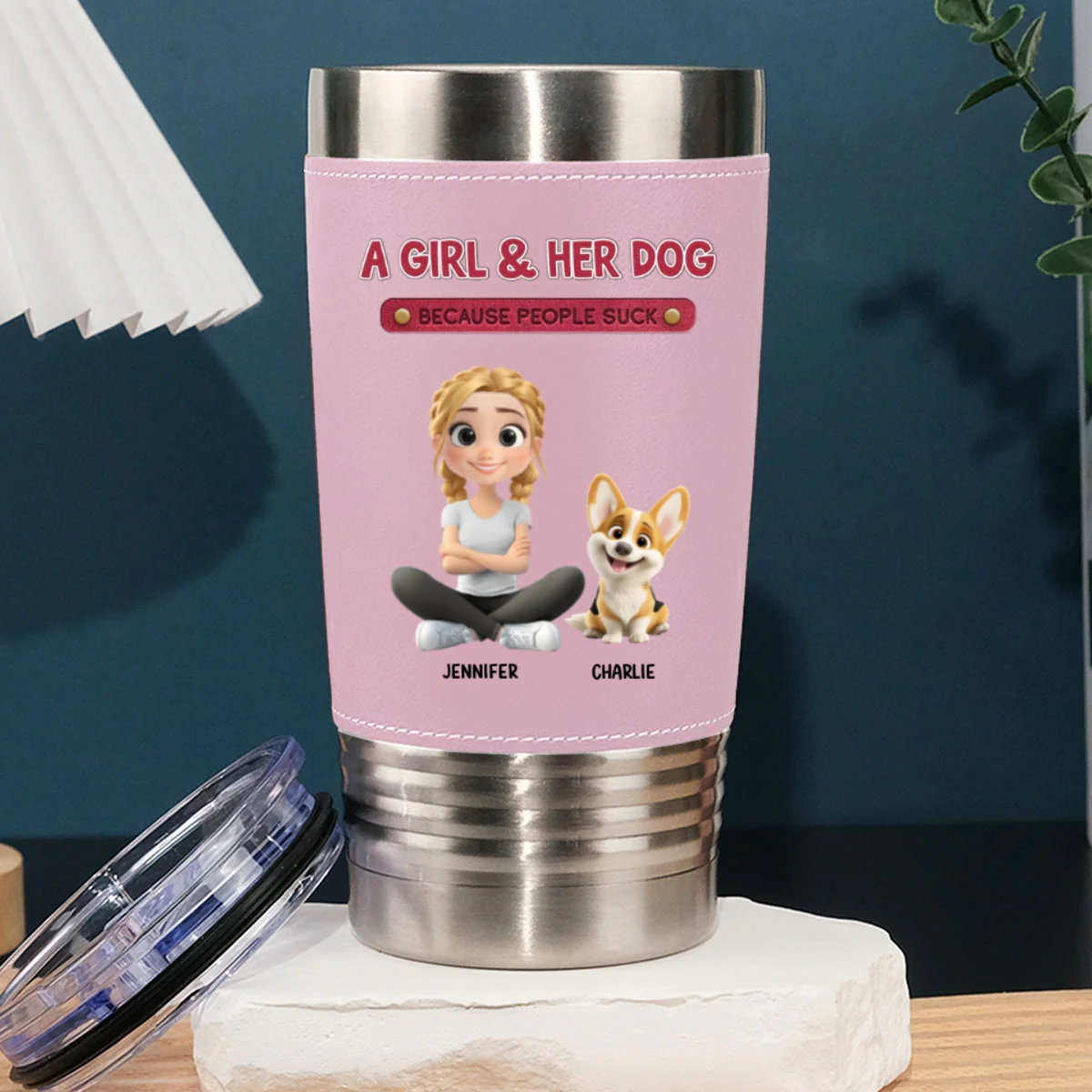 A Lady And Her Dog - Personalized Custom Pink Leather Tumbler - Image 8