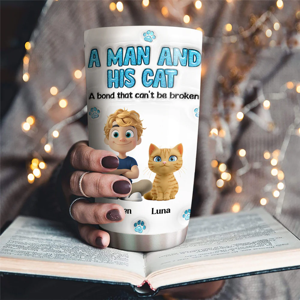 A Man And His Cat - Personalized Custom 3D Inflated Effect Tumbler - Image 2