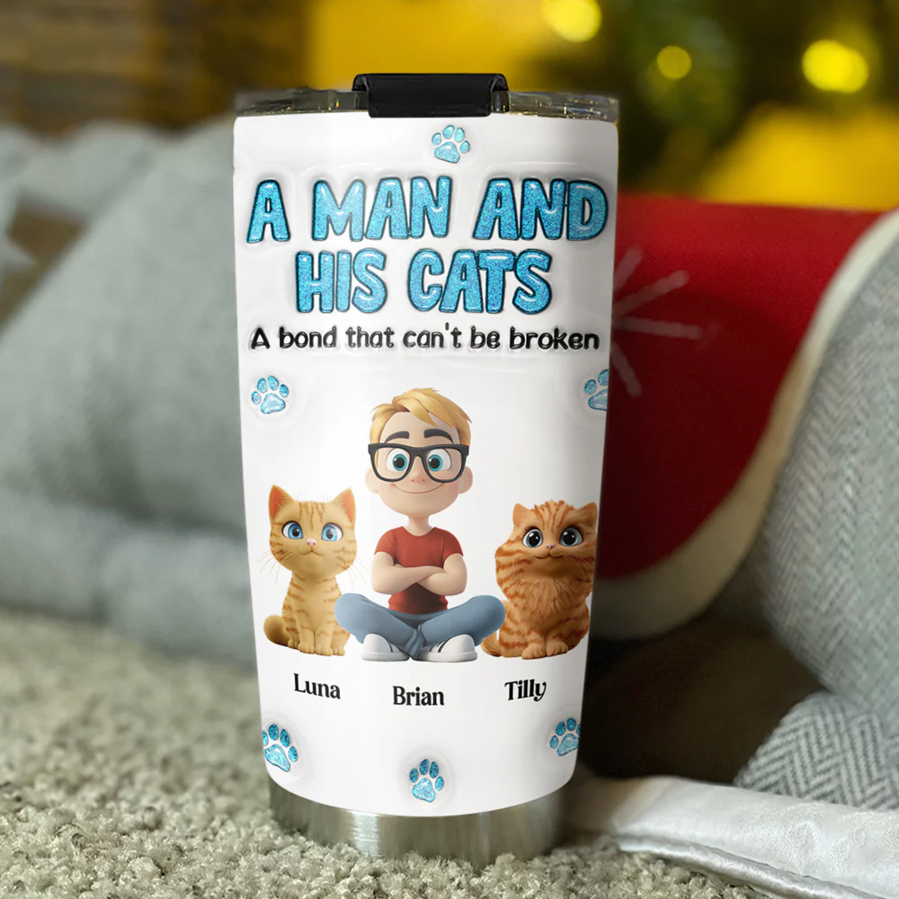 A Man And His Cat - Personalized Custom 3D Inflated Effect Tumbler - Image 3