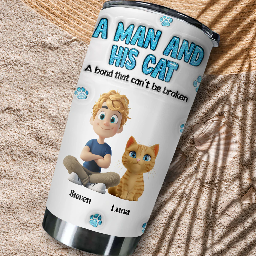 A Man And His Cat - Personalized Custom 3D Inflated Effect Tumbler - Image 5