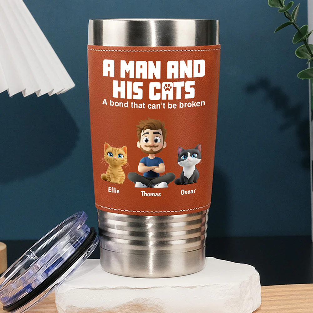 A Man And His Cats - Personalized Custom Leather Tumbler