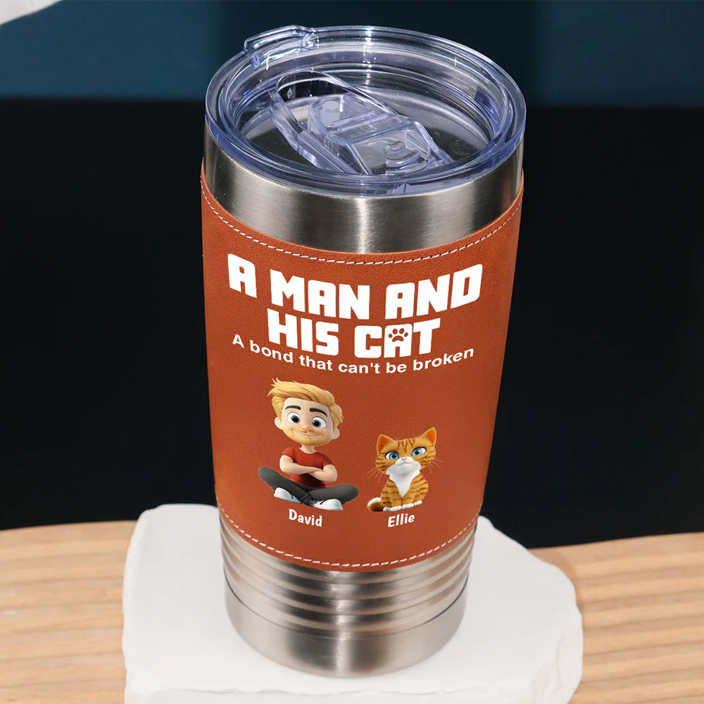 A Man And His Cats - Personalized Custom Leather Tumbler - Image 2