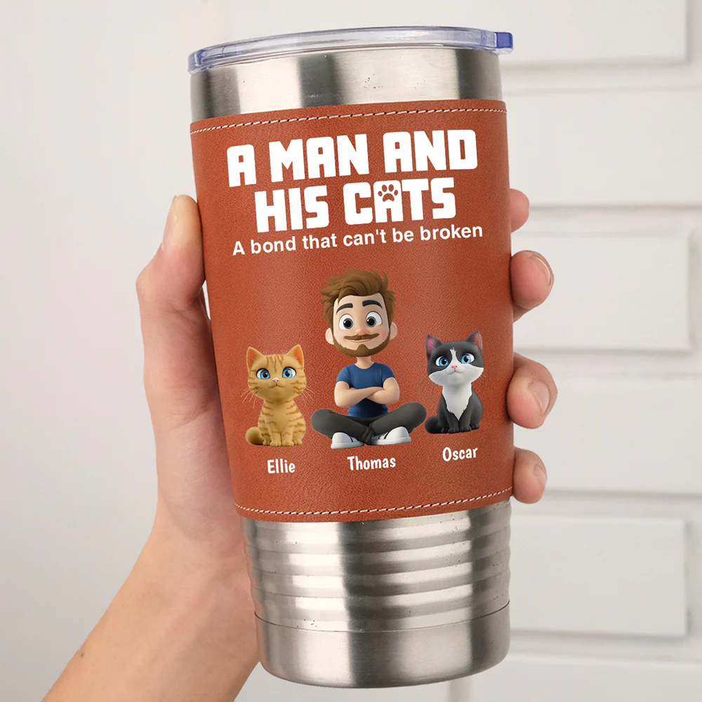 A Man And His Cats - Personalized Custom Leather Tumbler - Image 5