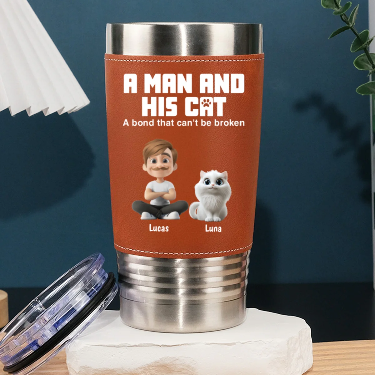 A Man And His Cats - Personalized Custom Leather Tumbler - Image 7