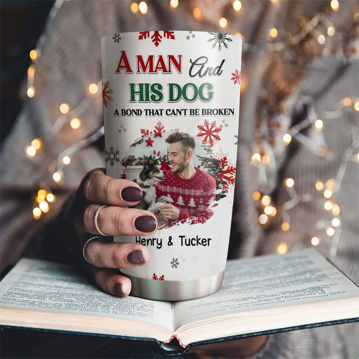 A Man And His Dog Love Christmas Photo - Personalized Custom Tumbler - Image 2