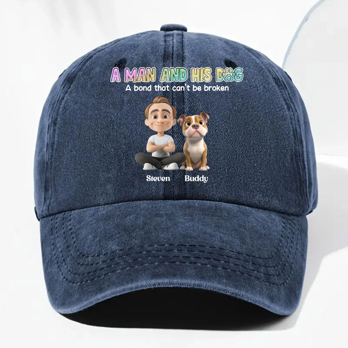 A Man And His Dog Version 2 - Personalized Custom Vintage Washed Denim Cap - Image 10