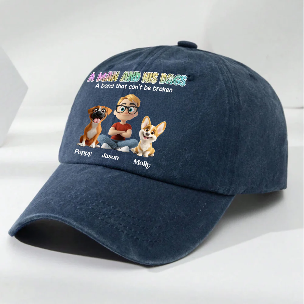 A Man And His Dog Version 2 - Personalized Custom Vintage Washed Denim Cap - Image 3