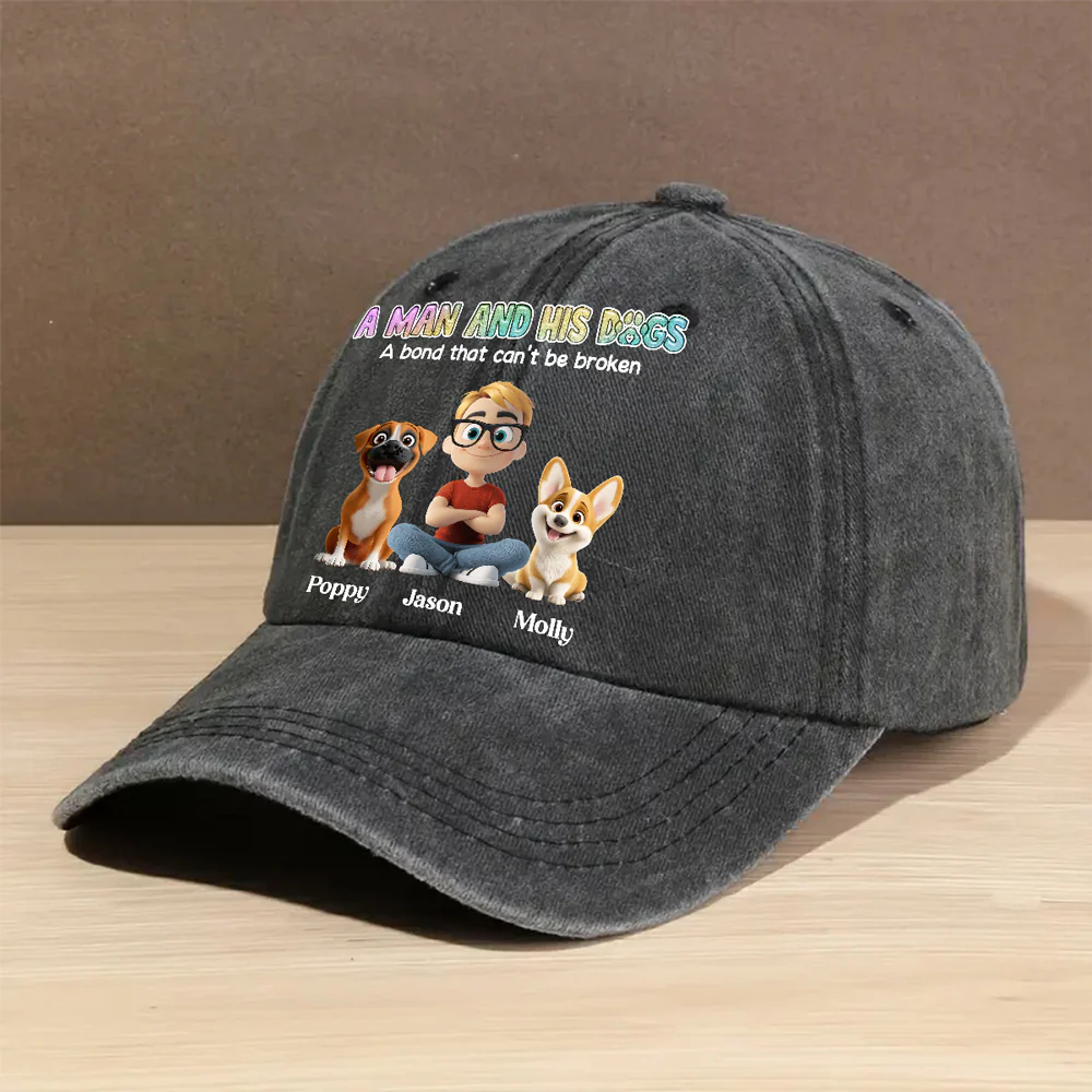 A Man And His Dog Version 2 - Personalized Custom Vintage Washed Denim Cap - Image 4