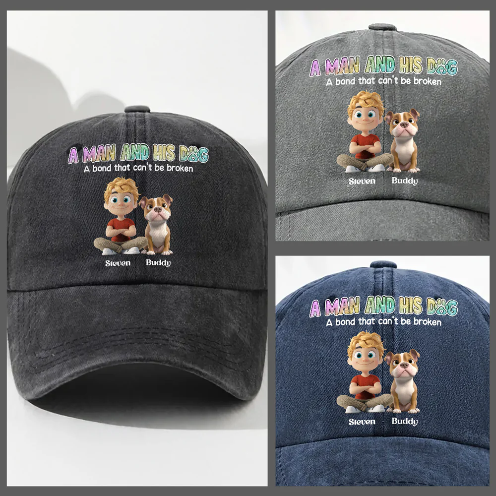 A Man And His Dog Version 2 - Personalized Custom Vintage Washed Denim Cap - Image 5