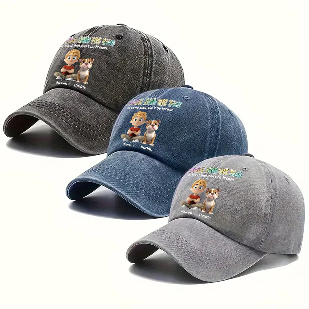 A Man And His Dog Version 2 - Personalized Custom Vintage Washed Denim Cap - Image 6