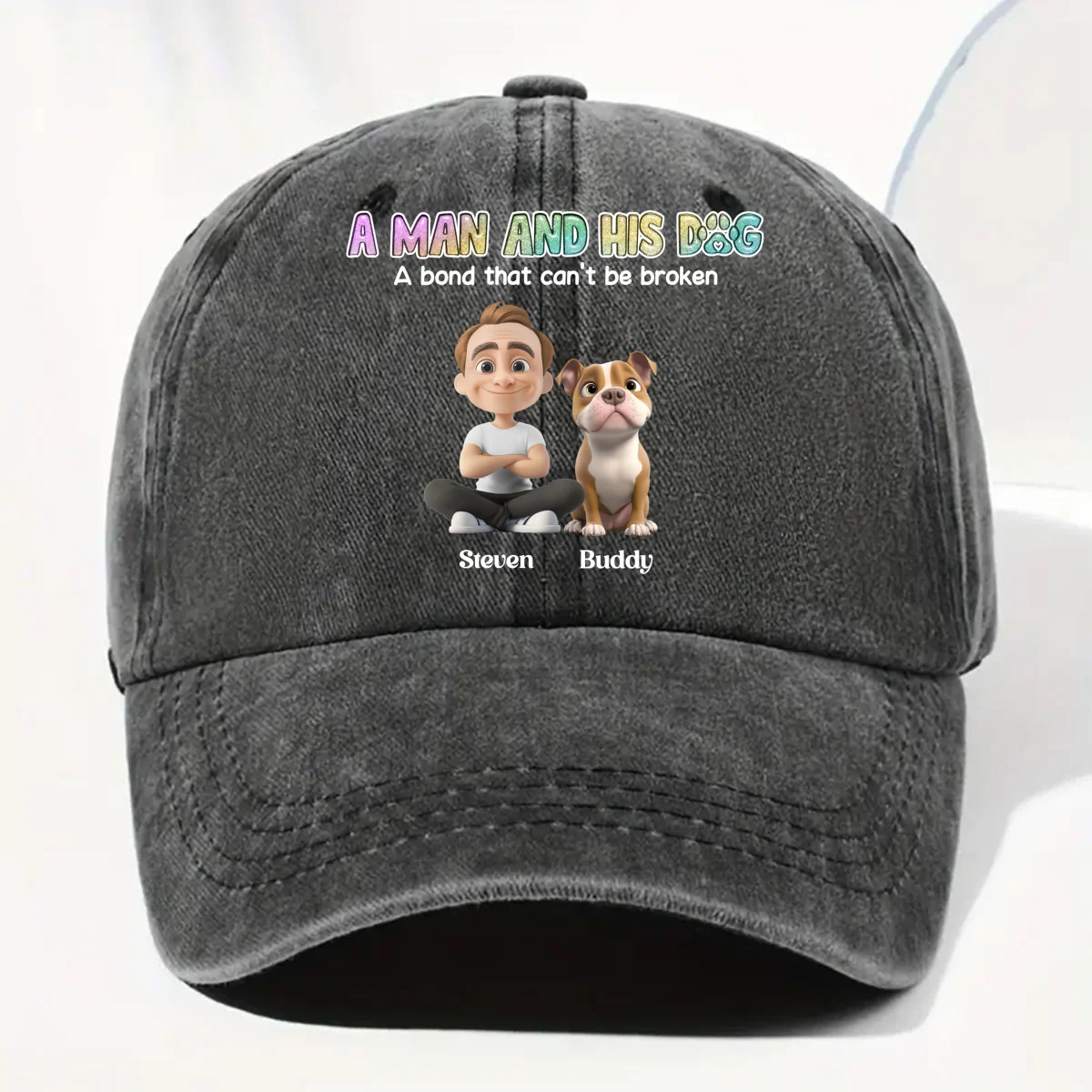 A Man And His Dog Version 2 - Personalized Custom Vintage Washed Denim Cap - Image 8