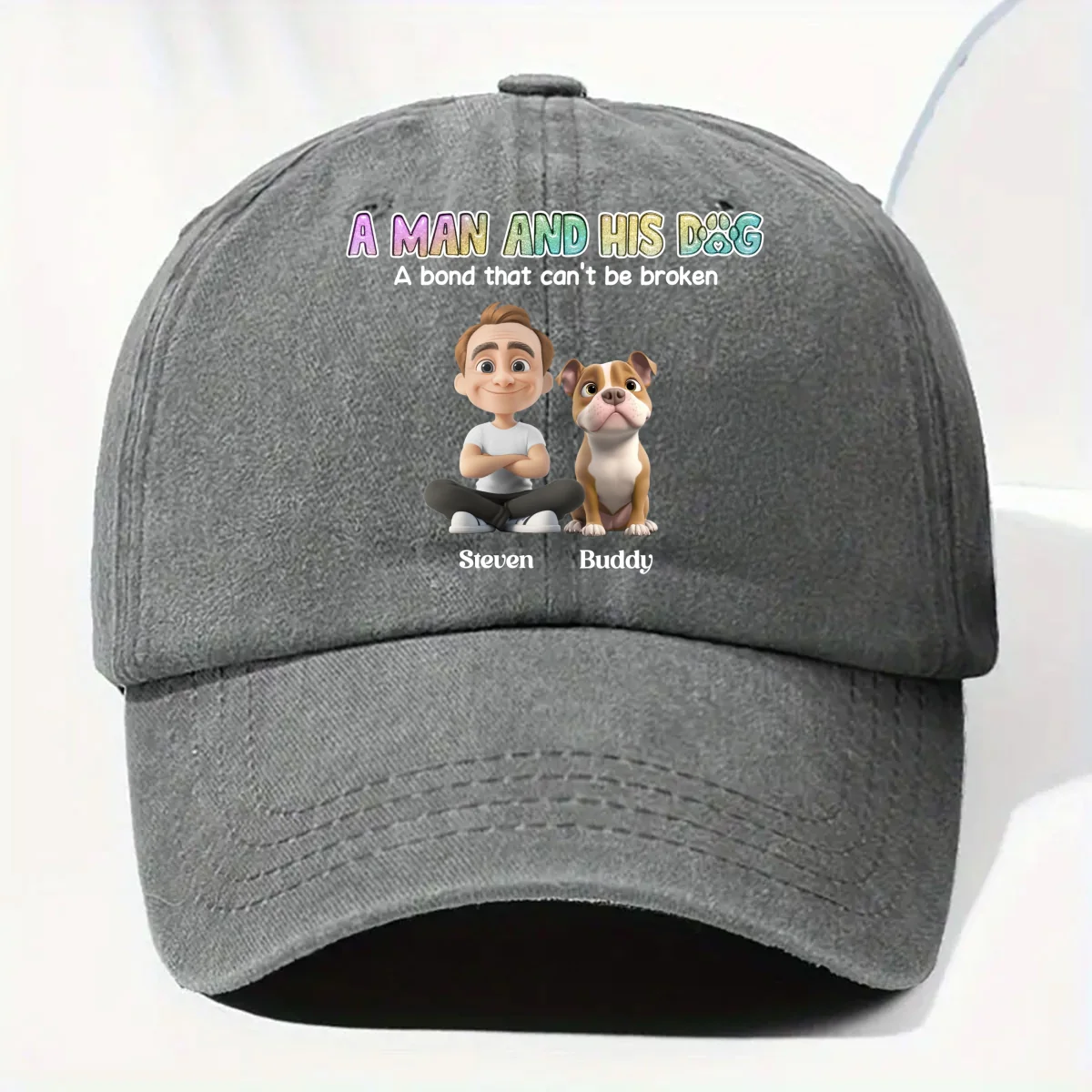 A Man And His Dog Version 2 - Personalized Custom Vintage Washed Denim Cap - Image 9