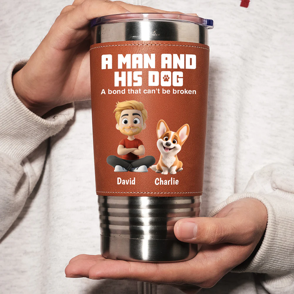 A Man And His Dogs - Personalized Custom Leather Tumbler - Image 2