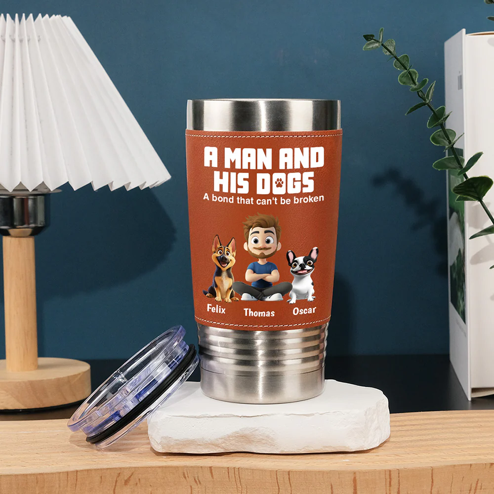 A Man And His Dogs - Personalized Custom Leather Tumbler - Image 6