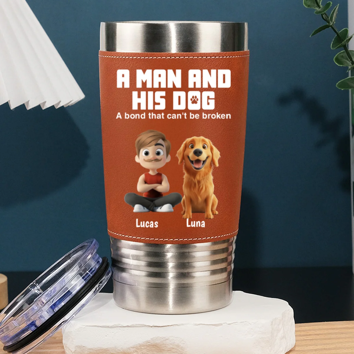 A Man And His Dogs - Personalized Custom Leather Tumbler - Image 8