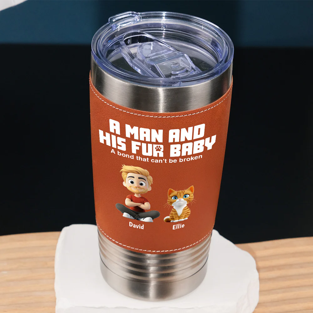 A Man And His Pets - Personalized Custom Leather Tumbler - Image 2