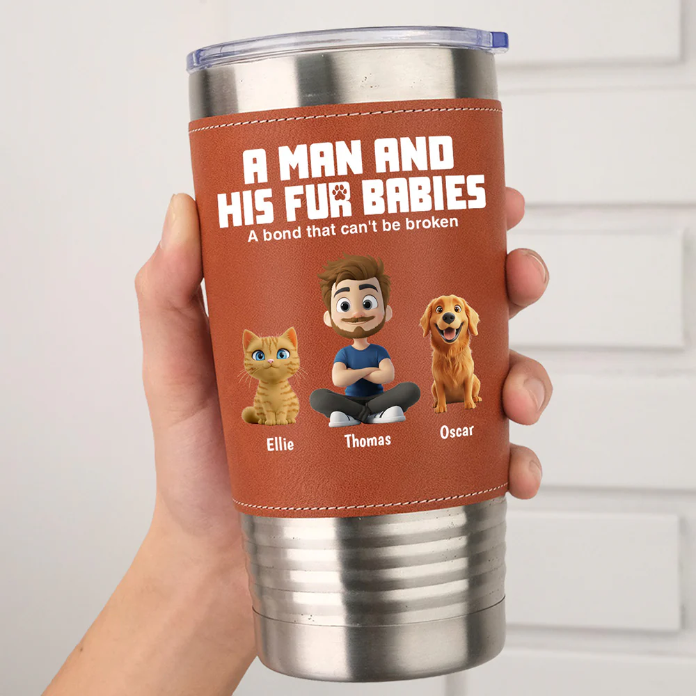 A Man And His Pets - Personalized Custom Leather Tumbler - Image 3