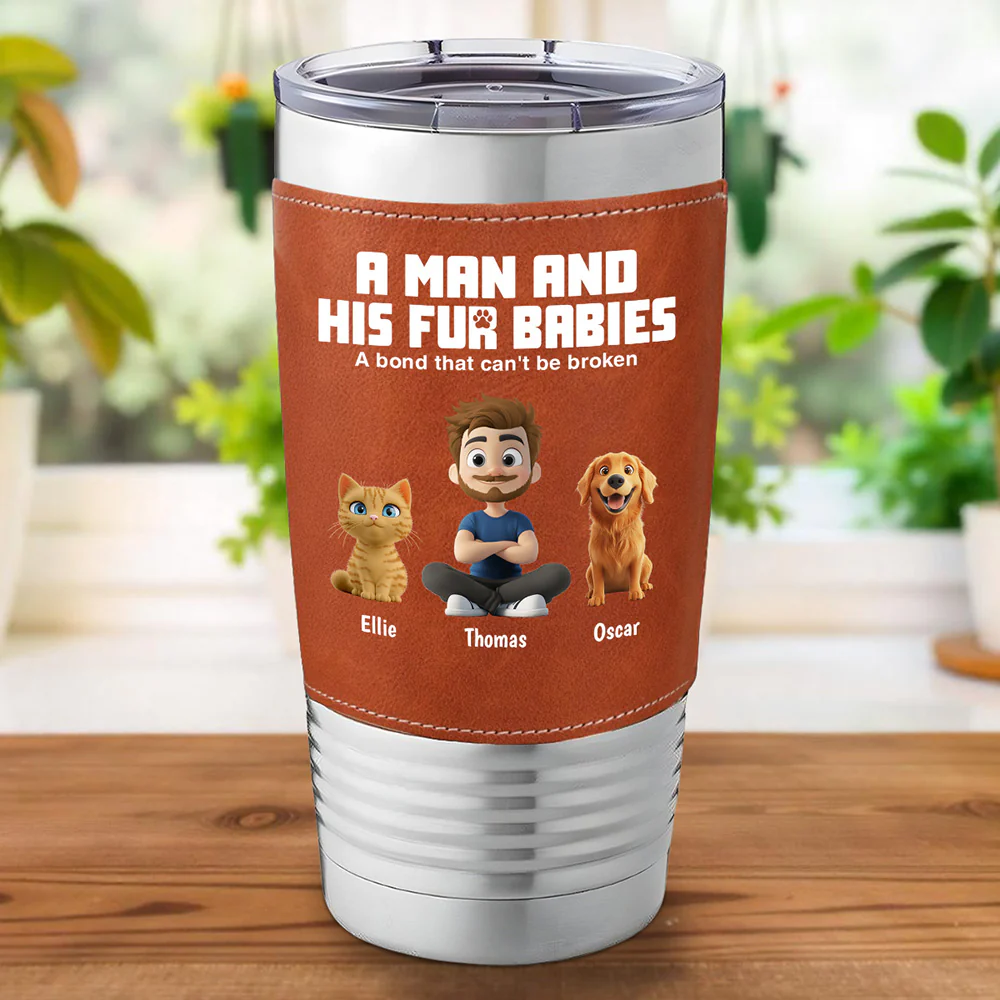 A Man And His Pets - Personalized Custom Leather Tumbler - Image 5
