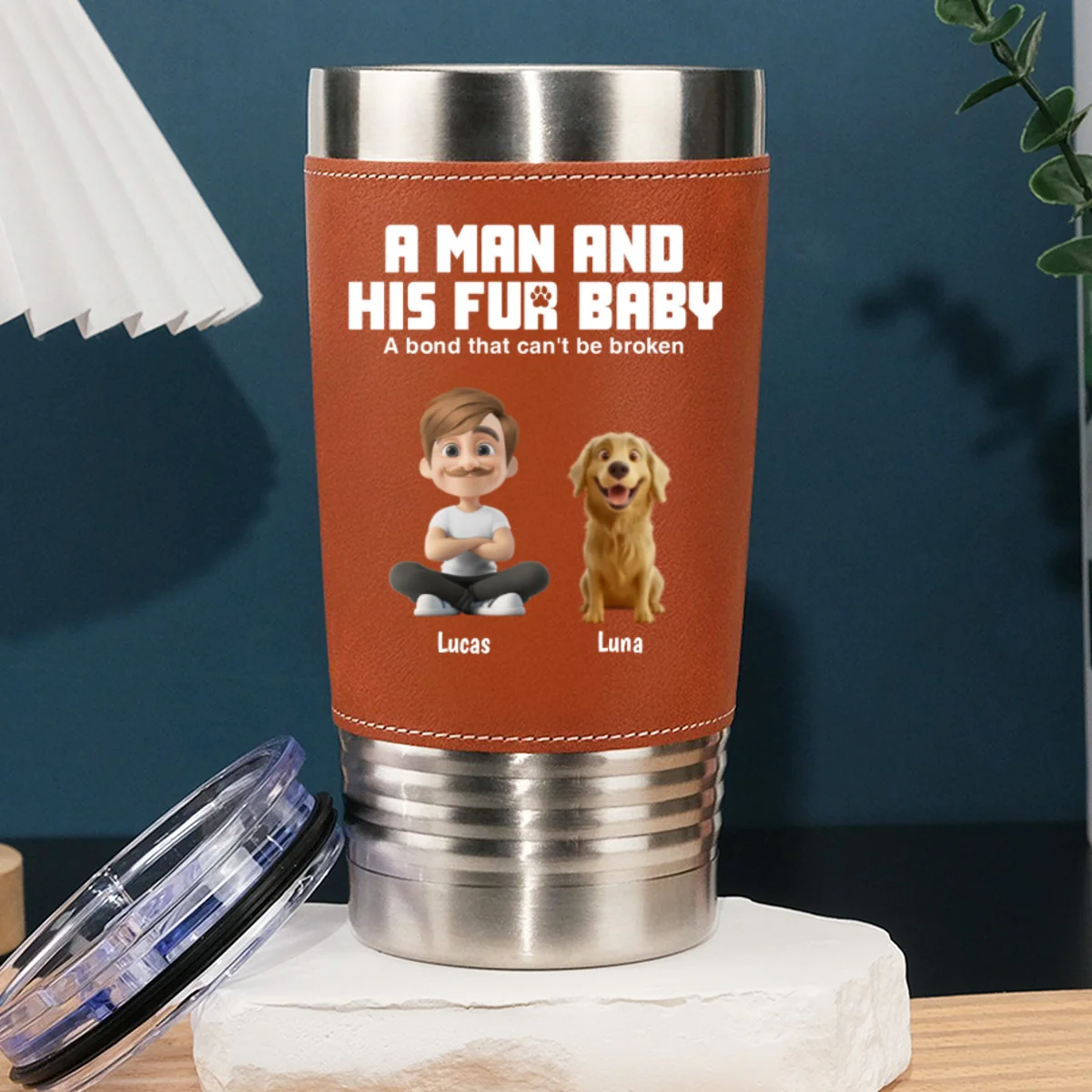 A Man And His Pets - Personalized Custom Leather Tumbler - Image 7