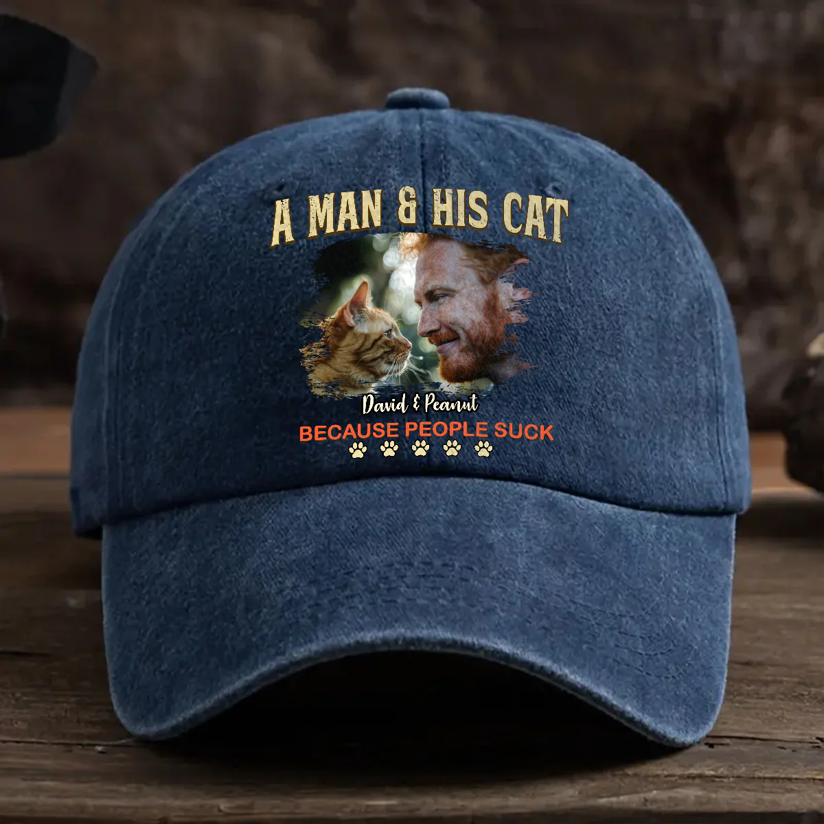 A Man And His Retro Cat Photo - Personalized Custom Vintage Washed Denim Cap
