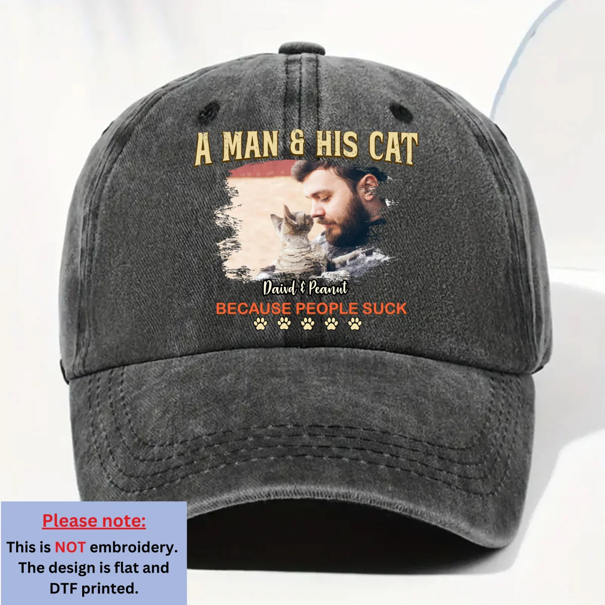 A Man And His Retro Cat Photo - Personalized Custom Vintage Washed Denim Cap - Image 3
