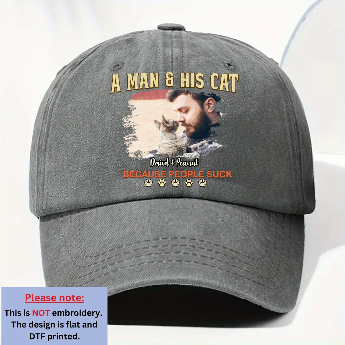 A Man And His Retro Cat Photo - Personalized Custom Vintage Washed Denim Cap - Image 4