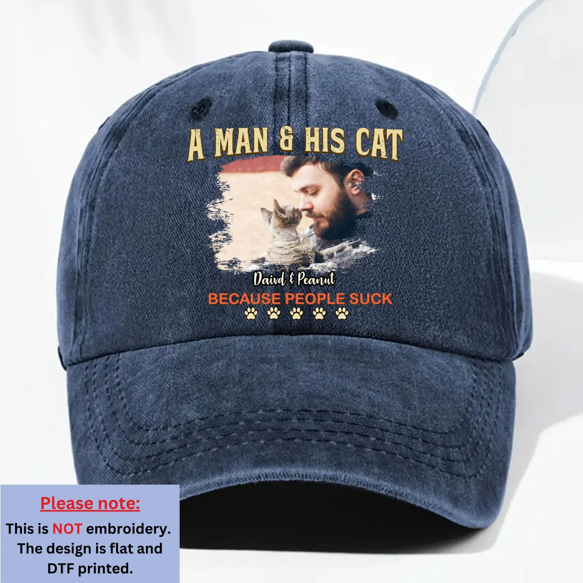 A Man And His Retro Cat Photo - Personalized Custom Vintage Washed Denim Cap - Image 5